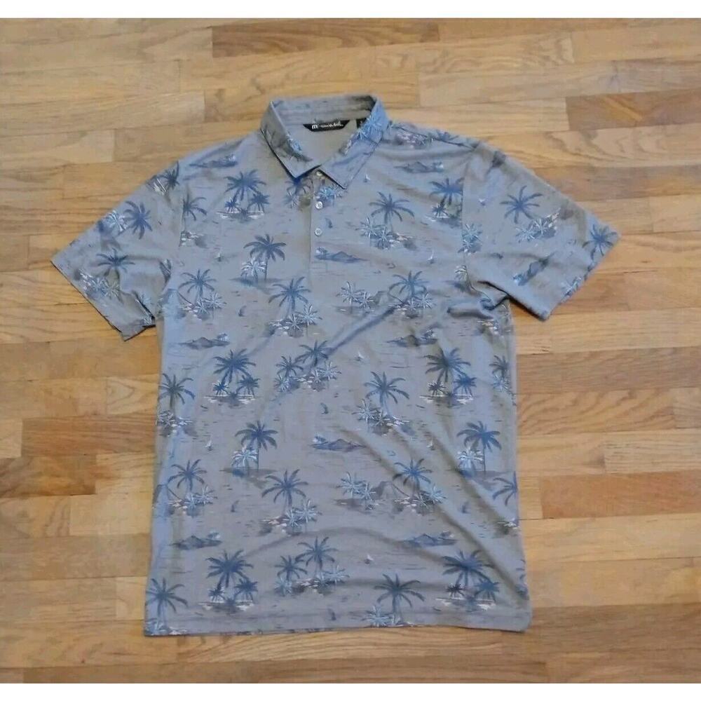 Travis Mathew Polo Shirt Mens Large XL Gray Palm Trees Volcano AOP Golf